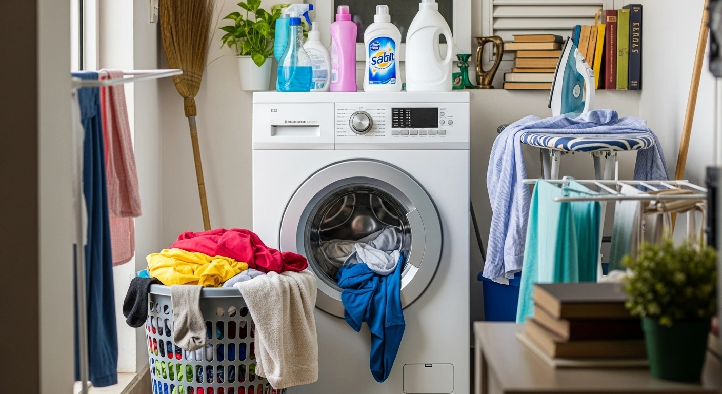 Student doing laundry in flat